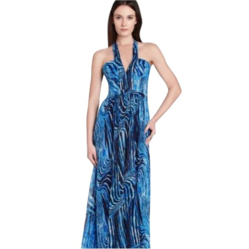 BCBG MaxAzria | Starr blue printed halter gown/maxi dress